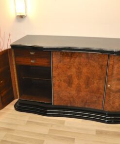 Art Deco, Curved, Credenza, Sideboard, Buffet, Era, Walnu, Veneer, body shape, furniture, antique, vintage, stair foot, black,
