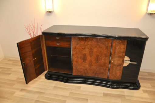 Art Deco, Curved, Credenza, Sideboard, Buffet, Era, Walnu, Veneer, body shape, furniture, antique, vintage, stair foot, black,