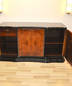 Art Deco, Curved, Credenza, Sideboard, Buffet, Era, Walnu, Veneer, body shape, furniture, antique, vintage, stair foot, black,