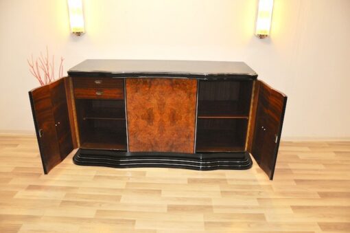 Art Deco, Curved, Credenza, Sideboard, Buffet, Era, Walnu, Veneer, body shape, furniture, antique, vintage, stair foot, black,