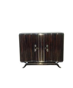 Art Deco, commode, design, beautiful foot, macassar, wood, high gloss finsih, hand polished, straight form, serpentine doors, chromed handles,