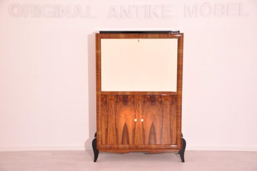 Art Deco, secretary, bureau, cabinet, walnut wood, design, high gloss black feet, lacobel glass, small drawers, light inside, furniture