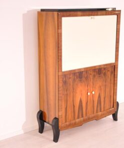 Art Deco, secretary, bureau, cabinet, walnut wood, design, high gloss black feet, lacobel glass, small drawers, light inside, furniture