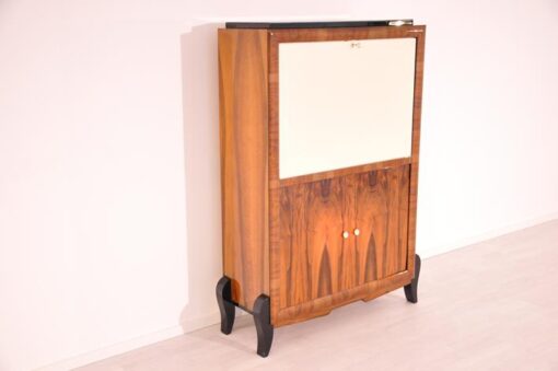 Art Deco, secretary, bureau, cabinet, walnut wood, design, high gloss black feet, lacobel glass, small drawers, light inside, furniture