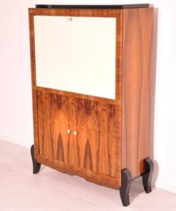 Art Deco, secretary, bureau, cabinet, walnut wood, design, high gloss black feet, lacobel glass, small drawers, light inside, furniture
