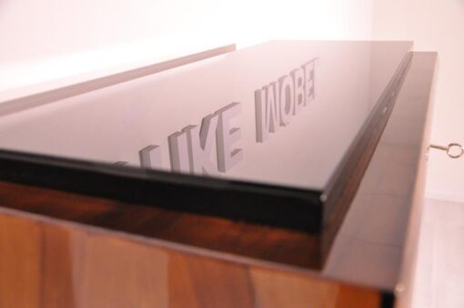 Art Deco, secretary, bureau, cabinet, walnut wood, design, high gloss black feet, lacobel glass, small drawers, light inside, furniture