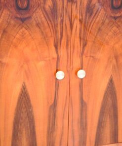 Art Deco, secretary, bureau, cabinet, walnut wood, design, high gloss black feet, lacobel glass, small drawers, light inside, furniture