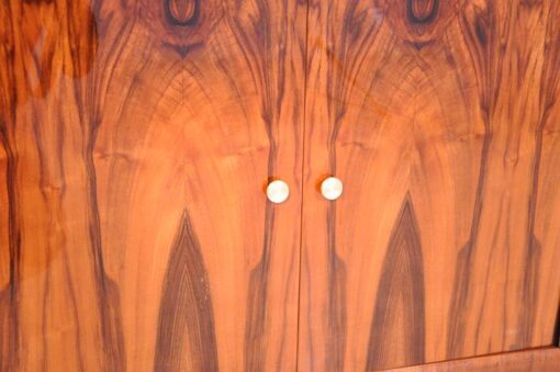 Art Deco, secretary, bureau, cabinet, walnut wood, design, high gloss black feet, lacobel glass, small drawers, light inside, furniture