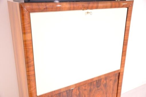 Art Deco, secretary, bureau, cabinet, walnut wood, design, high gloss black feet, lacobel glass, small drawers, light inside, furniture