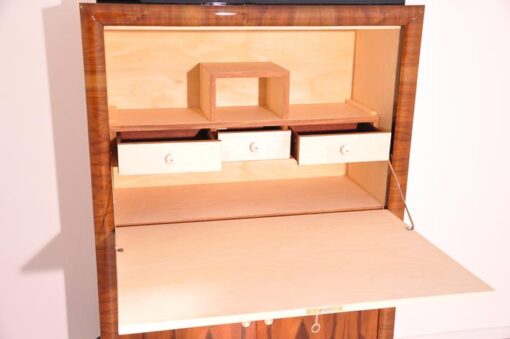 Art Deco, secretary, bureau, cabinet, walnut wood, design, high gloss black feet, lacobel glass, small drawers, light inside, furniture