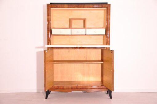 Art Deco, secretary, bureau, cabinet, walnut wood, design, high gloss black feet, lacobel glass, small drawers, light inside, furniture