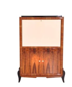 Art Deco, secretary, bureau, cabinet, walnut wood, design, high gloss black feet, lacobel glass, small drawers, light inside, furniture