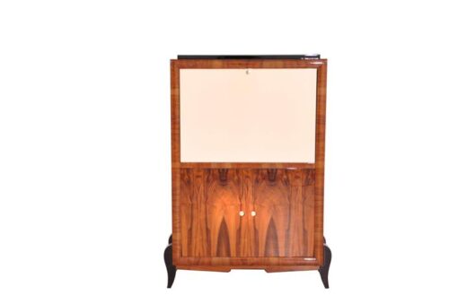 Art Deco, secretary, bureau, cabinet, walnut wood, design, high gloss black feet, lacobel glass, small drawers, light inside, furniture