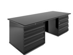 Black Art Deco desk with red drawers, design, high end, high gloss, office furniture, living room, interior design, chrome bars,