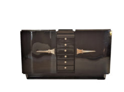 Black Art Deco Sideboard with serpentine doors, piano lacquer, original, antique, lacquer, polished, interior design, french, masterpiece, 1920s,