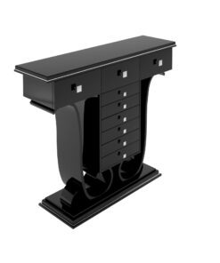 curved art deco console table, stunning design, interior design, furniture, wall table, black lacquer, chrome details, knobs, drawers, storage, luxurious