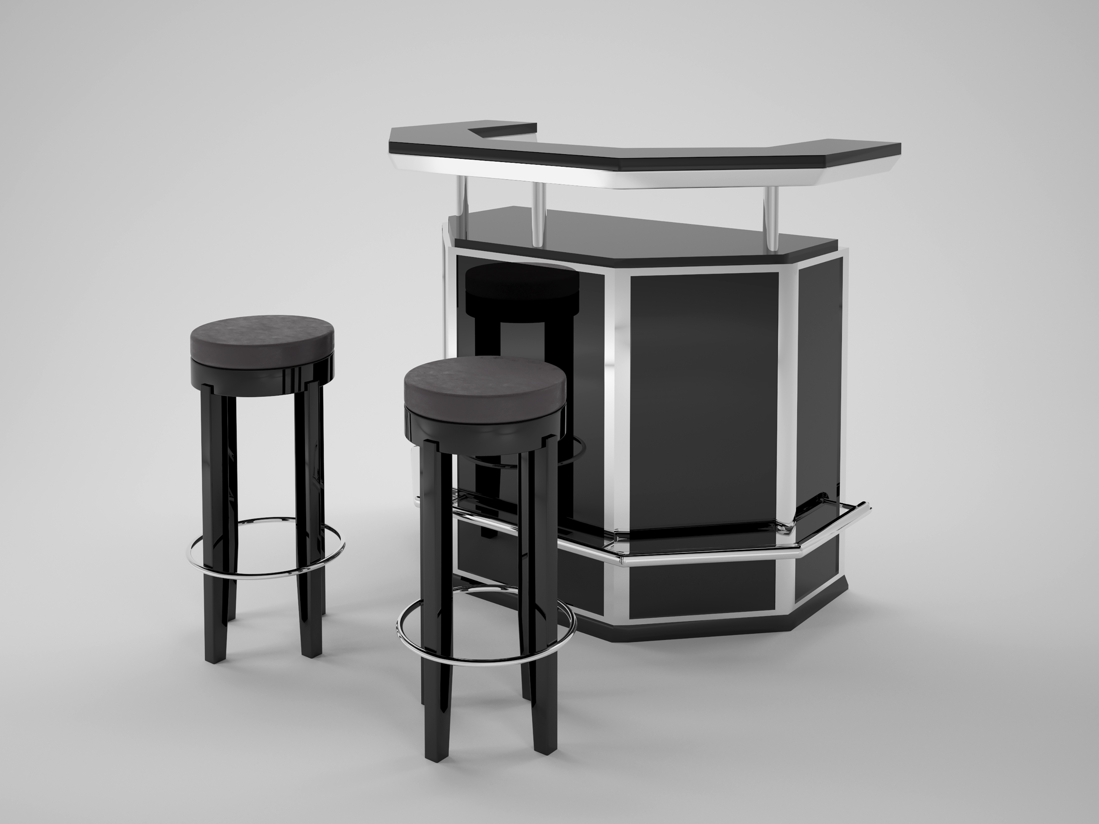 Custom Black and Chrome Art Deco Bar with Stooling Original Antique
