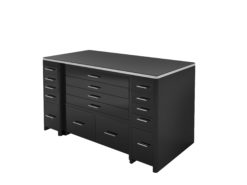 High Gloss Black desk with drawer front, lacquer, high end office furniture, chrome details, storage, file drawer, interior design