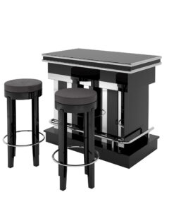 high end cubic bar with stooling, black, high gloss lacquer, chrome applications, details, interior design, home decoration, serving furniture