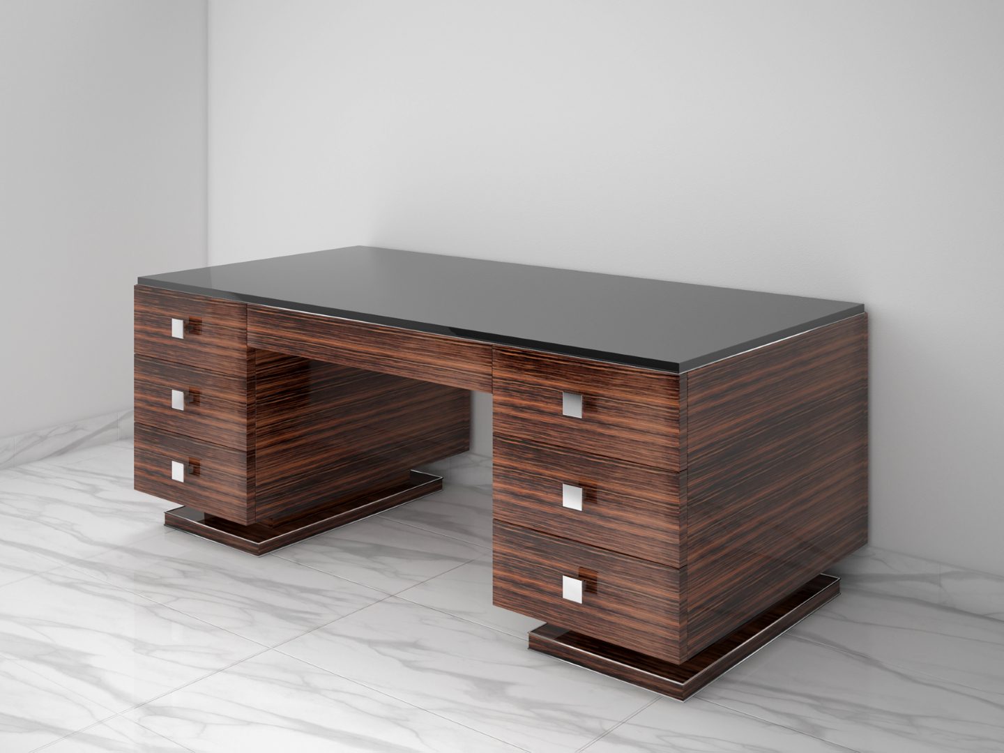 Macassar Art Deco Style Desk Black Glass Top Original Antique Furniture