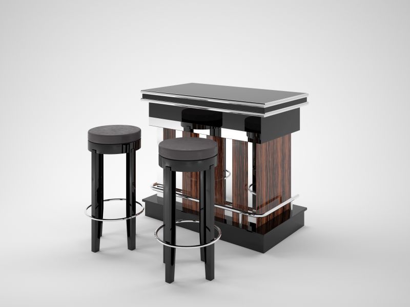 Macassar And Piano Lacquer Design Bar With Chrome Poles And Stools