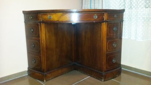 Arts and Craft Corner Desk with Leather Top, Mahogany Wood, Brass Handles, Antiques, British, Tables, Furniture, Gründerzeit, Design