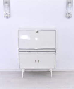 Secretaire from the 50s painted in white high gloss and decorated with chrome details inside with red leather, stunning piece, Rockabilly
