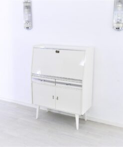 Secretaire from the 50s painted in white high gloss and decorated with chrome details inside with red leather, stunning piece, Rockabilly