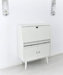 Secretaire from the 50s painted in white high gloss and decorated with chrome details inside with red leather, stunning piece, Rockabilly