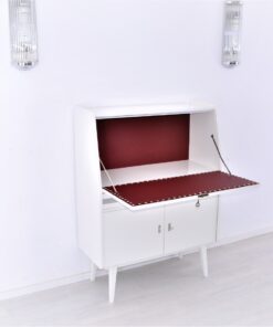 Secretaire from the 50s painted in white high gloss and decorated with chrome details inside with red leather, stunning piece, Rockabilly