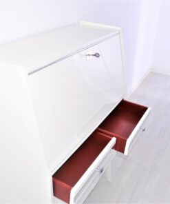 Secretaire from the 50s painted in white high gloss and decorated with chrome details inside with red leather, stunning piece, Rockabilly
