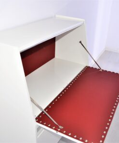 Secretaire from the 50s painted in white high gloss and decorated with chrome details inside with red leather, stunning piece, Rockabilly