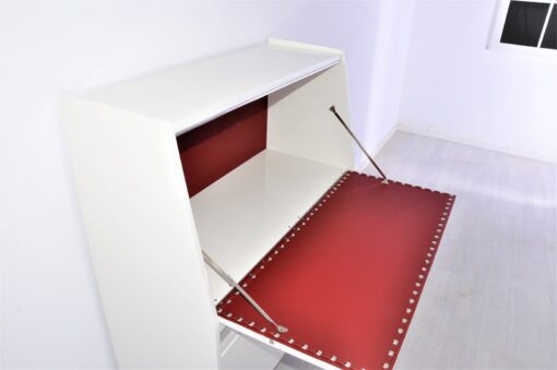Secretaire from the 50s painted in white high gloss and decorated with chrome details inside with red leather, stunning piece, Rockabilly