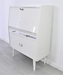 Secretaire from the 50s painted in white high gloss and decorated with chrome details inside with red leather, stunning piece, Rockabilly