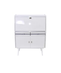 Secretaire from the 50s painted in white high gloss and decorated with chrome details inside with red leather, stunning piece, Rockabilly