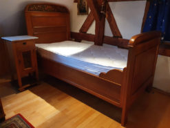 Antique Double Bed + Nightstand, Oakwood, 19th Century