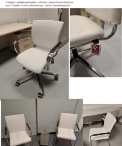 2 Dauphin Konferenzdrehstühle mit Rollen weißes Kunstlederpolster und 4 Dauphin Konferenzfreischwinger weißes Kunstlederpolster